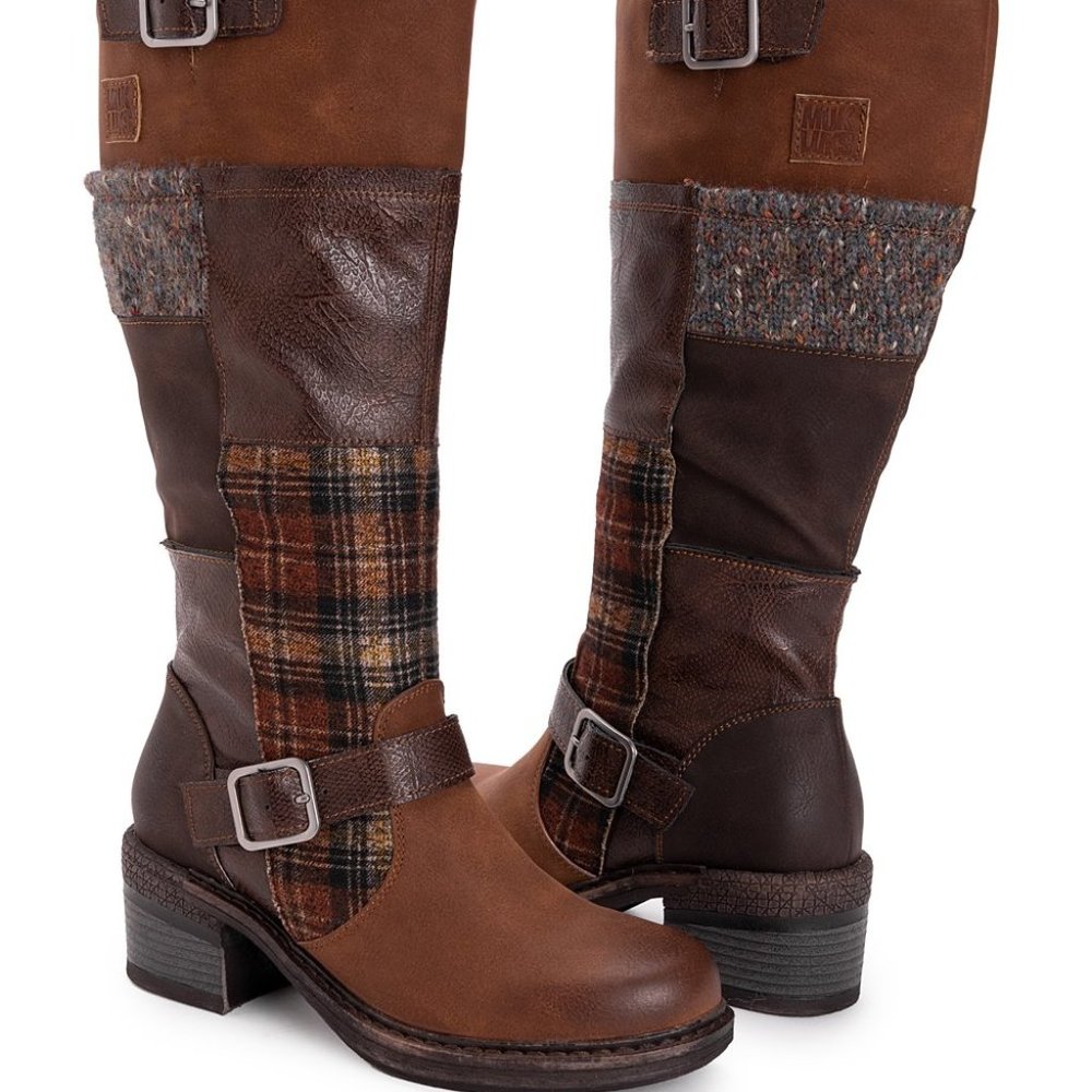 Brown Plaid Patchwork Arya Riding Boot Women Sz 9